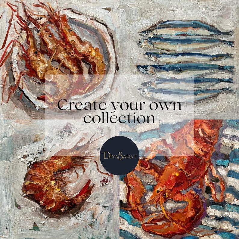 K&ouml;nnte beinhalten: Eine &Ouml;lgem&auml;lde-Collage mit vier verschiedenen Meeresfr&uuml;chte-Motiven: ein Teller mit orangefarbenen Garnelen, eine Reihe bl&auml;ulicher Fische, eine einzelne gro&szlig;e Garnele und ein leuchtend orangefarbener Hummer. Der Text "Create your own collection" und "DiyaSanat" ist sichtbar.