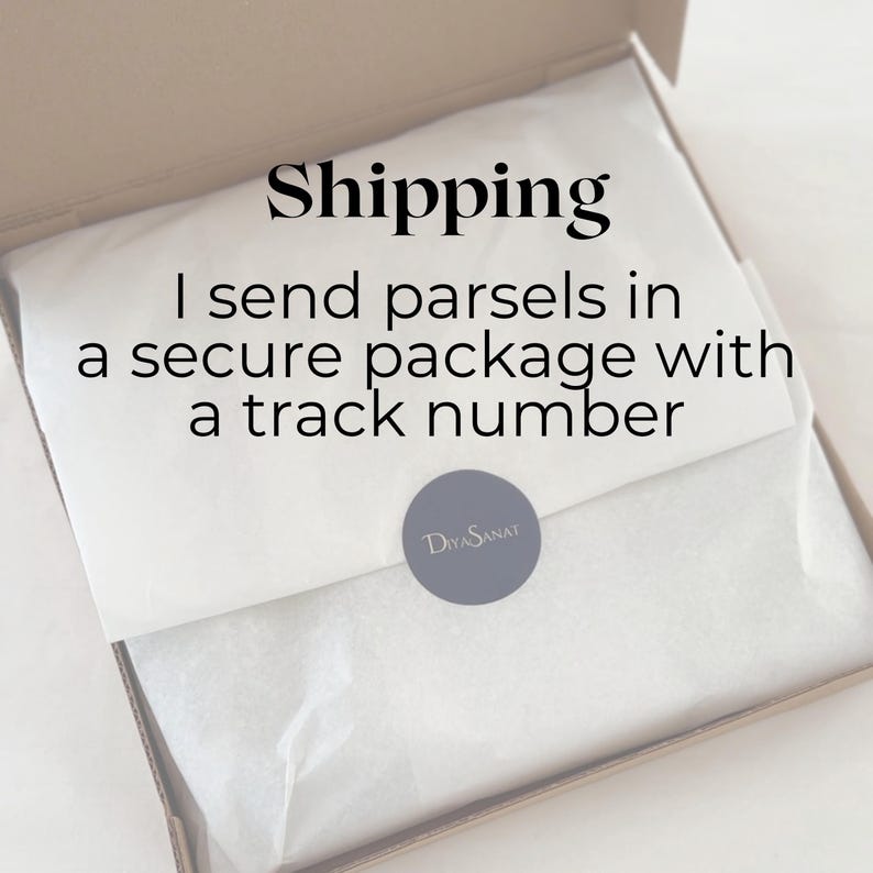 May include: A cardboard box with white tissue paper inside. The text "Shipping" is at the top, with the text "I send parcels in a secure package with a track number" below. A gray circular sticker with the text "DiyaSanat" is on the tissue paper.