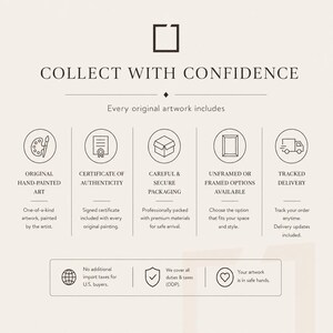 K&ouml;nnte beinhalten: Eine informative Grafik mit dem Titel COLLECT WITH CONFIDENCE, die f&uuml;nf kreisf&ouml;rmige Symbole f&uuml;r handgemalte Originalkunst, ein Echtheitszertifikat, sichere Verpackung, Rahmenoptionen und verfolgbare Lieferung sowie ein unteres Feld zeigt.