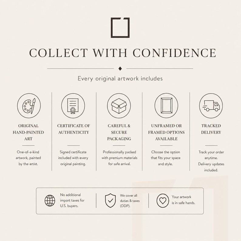 K&ouml;nnte beinhalten: Eine informative Grafik mit dem Titel COLLECT WITH CONFIDENCE, die f&uuml;nf kreisf&ouml;rmige Symbole f&uuml;r handgemalte Originalkunst, ein Echtheitszertifikat, sichere Verpackung, Rahmenoptionen und verfolgbare Lieferung sowie ein unteres Feld zeigt.