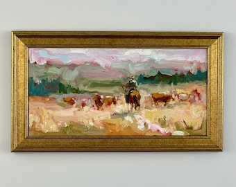 Original Cowboy Oil Painting: Semi Abstract Western Landscape Art