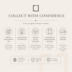 May include: An informational graphic titled COLLECT WITH CONFIDENCE featuring five circular icons representing original hand-painted art, a certificate of authenticity, secure packaging, framing options, and tracked delivery, plus a bottom box.