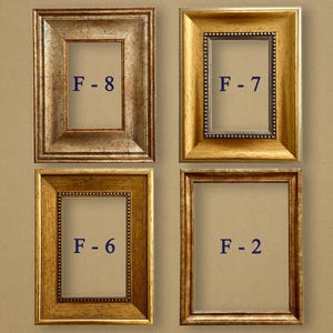 May include: Four rectangular picture frames in various gold and brown tones. Each frame has a different design, with some featuring beaded edges. The frames are labeled with the letters "F" followed by a number.