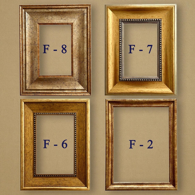 May include: Four rectangular picture frames in various gold and brown tones. Each frame has a different design, with some featuring beaded edges. The frames are labeled with the letters "F" followed by a number.