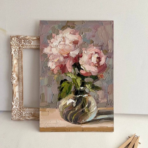 Peinture florale Art original floral pivoines empâtement peinture fleurs petite peinture empâtement pivoine 3d peinture par DiyaSanat