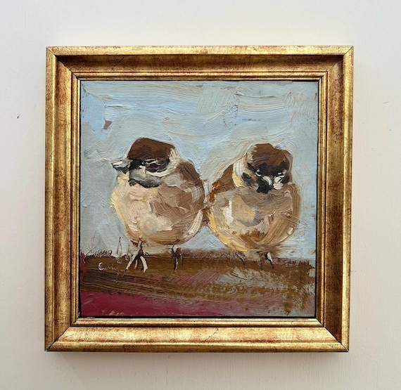 Sparrows Oil Painting: Semi Abstract Bird Artwork, Framed Wall Decor