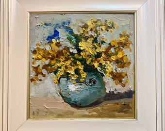 Floral Painting Mimosa Original Art Peonies Impasto Painting Flowers Semi Abstract Framed Painting by DiyaSanat