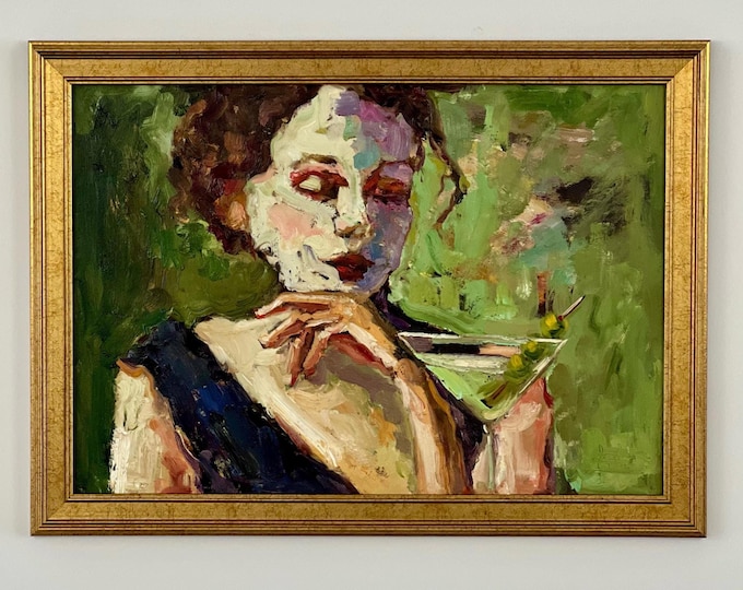 Featured listing image: The Girl With the Martini Oil Painting: Woman Portrait Art