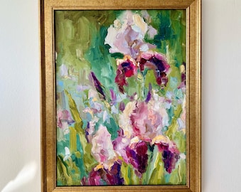 Original Iris Oil Painting: Semi Abstract Floral Impasto Art (12x16)