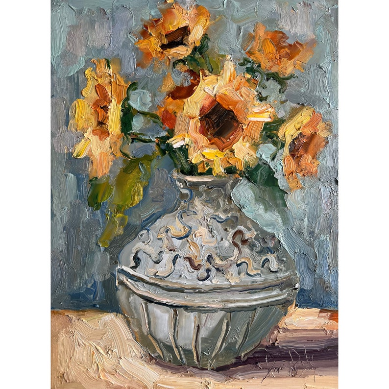 Sunflowers Painting Flowers in the Vase Oil Painting Semi Abstract Impasto Sunflowers Artwork by DiyaSanat image 1