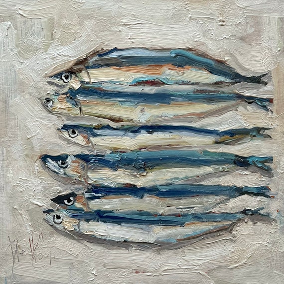 Impasto Sardines Painting: Semi-Abstract Original Oil Art