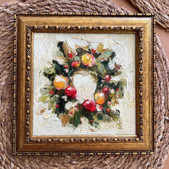 Christmas Wreath Oil Painting: Semi-abstract Impressionist Wall
