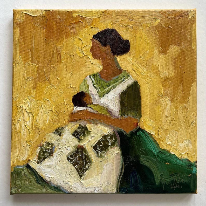 May include: Oil painting of a mother and child. The mother is wearing a green and white dress and holding a baby. The background is a textured yellow. The painting has a warm, inviting feel.