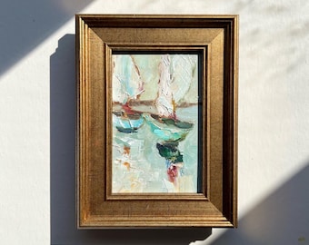 Sailboat Oil Painting – Small Impressionist Seascape with Sailing Boats, Nautical Wall Art