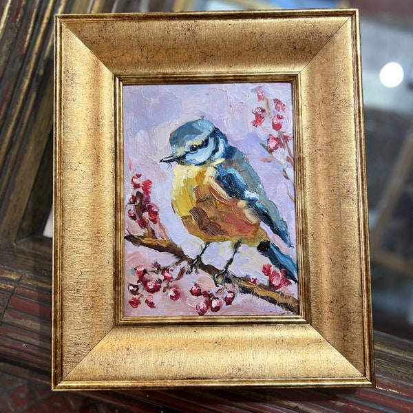 Peinture originale d'oiseau oeuvre d'art oiseau décoration murale peinture à l'huile de petit oiseau mignon peinture à l'huile semi-abstraite oiseaux amoureux cadeau 6 par 8'