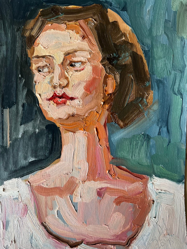 Woman Face Artwork Portrait Original Art Oil Painting Woman Semi Abstract Portrait by DiyaSanat image 4