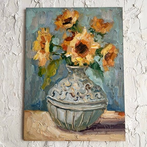 Sunflowers Painting Flowers in the Vase Oil Painting Semi Abstract Impasto Sunflowers Artwork by DiyaSanat image 5