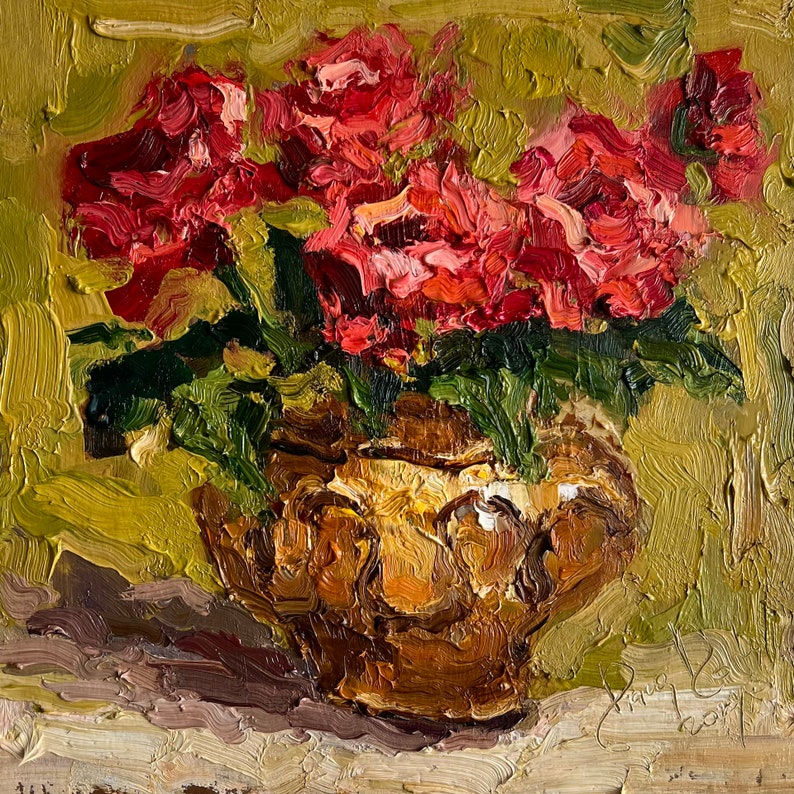 Roses Painting Floral Original Art Peonies Impasto Painting Flowers Semi Abstract Painting Impasto Peony 3d painting 8 by 8 by DiyaSanat image 1