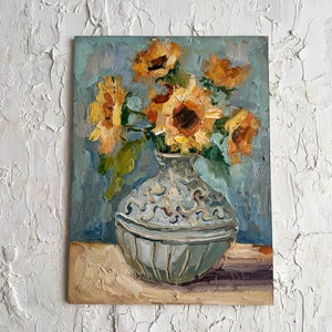 Sunflowers Painting Flowers in the Vase Oil Painting Semi Abstract Impasto Sunflowers Artwork by DiyaSanat image 4