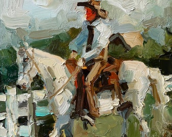 Cowboy and Horse Oil Painting: Original Ranch Landscape Artwork