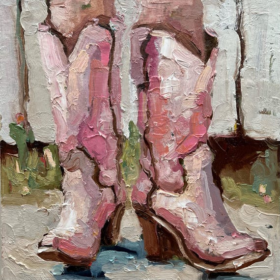 Original Pink Cowgirl Boots Oil Painting: Retro Western Art