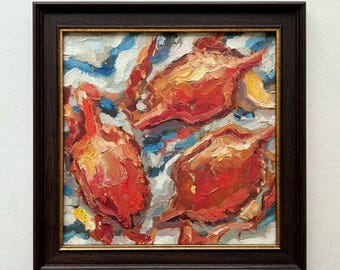 Red Crab Impasto Painting: Semi Abstract Original Art (10x10)