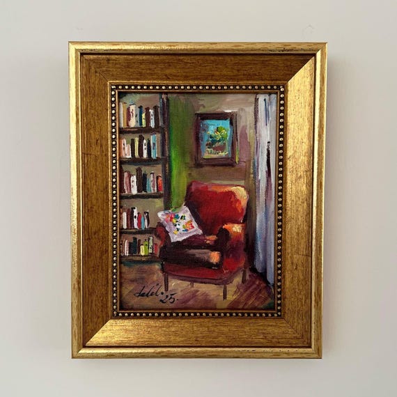 Cozy Armchair Interior Painting – Original Small Oil Artwork, Warm Home Decor, Framed Mini Art