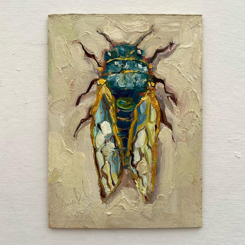 May include: Oil painting of a cicada insect. The insect is depicted with a teal and yellow body and wings, set against a beige background. The artwork has visible brushstrokes, giving it a textured appearance. The painting is rectangular.