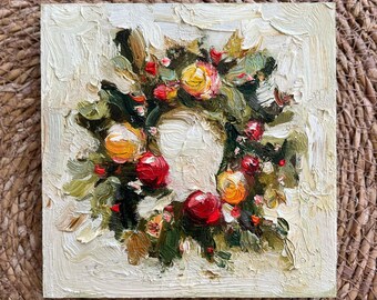 Christmas Wreath Oil Painting: Semi-abstract Impressionist Wall