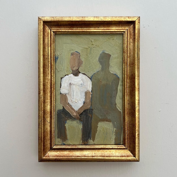 Original Oil Painting: Two Friends on a Bench, Minimalist Figurative Art