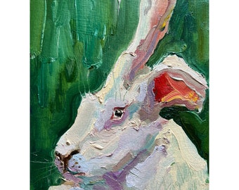 Rabbit Painting Original Animal Artwork Easter Bunny Semi Abstract Painting Bunny wall art 6 by 8"