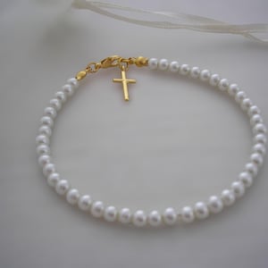 Dainty Pearl Bracelet with a little Cross Charm dangle for Women Girls Ladies