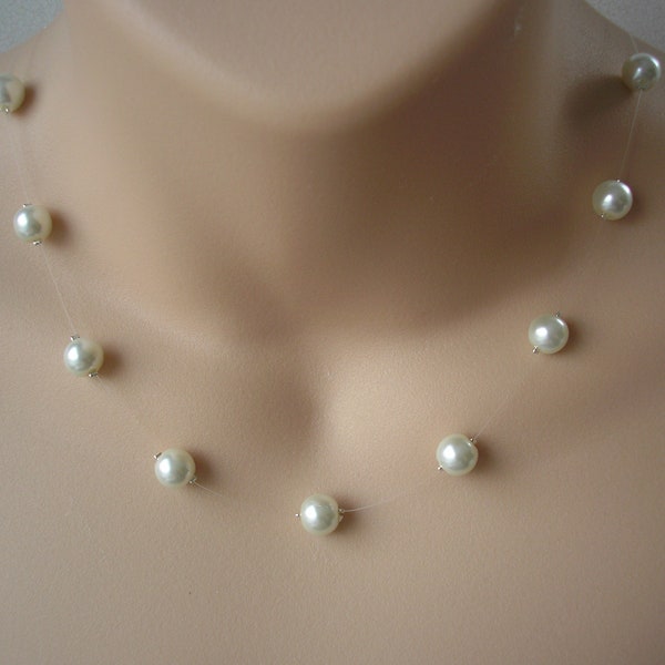 Simple Floating Pearl Necklace, Pearl Illusion Necklace For Brides Bridesmaid Gift for her Wedding Prom Party