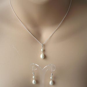 Classic Wedding Jewelry Set, Dainty Teardrop Pearl Drop Necklace with Matching Earrings option, White or Ivory with a Silver or Gold finish