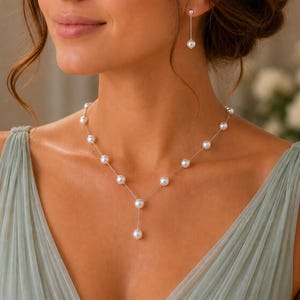 Pearl Drop Necklace and Long Drop Dangle Stud Earrings for Brides Bridesmaids Weddings and Proms, Pearl Jewelry Set