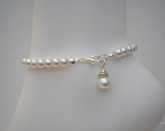 Pearl Ankle Bracelet, Pearl Anklet, Anklet with Diamante Dangle, Bridal Bridesmaid Prom Foot Jewellery