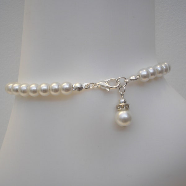 Pearl Ankle Bracelet, Pearl Anklet, Anklet with Diamante Dangle, Bridal Bridesmaid Prom Foot Jewellery