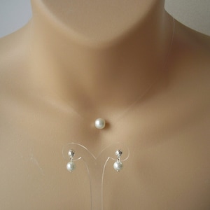 Single Pearl Floating Illusion Necklace with matching Earrings option, Dainty Solitaire Elegant Minimalist Jewelry for her Brides Weddings