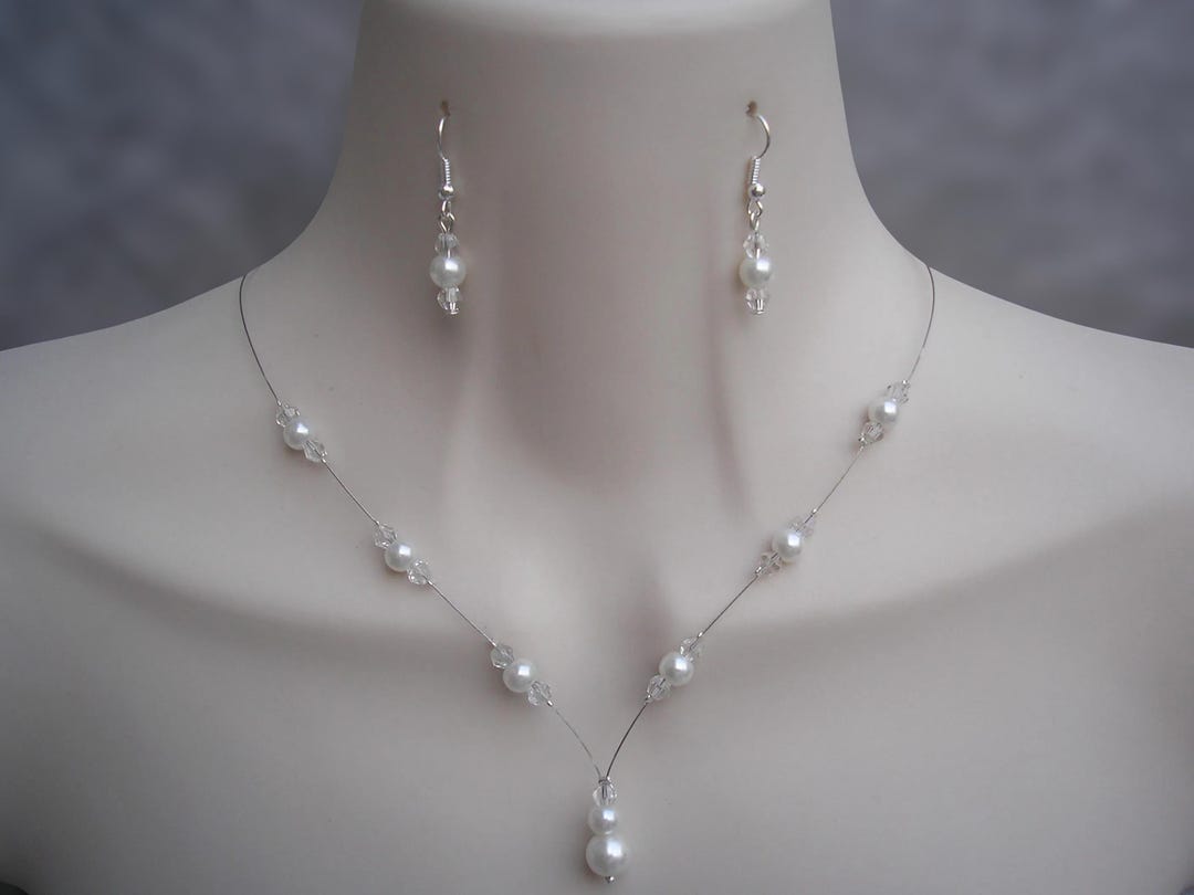 Dainty Pearl Drop Necklace & Earrings Set, Handmade to Order Pearls and ...