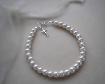 Dainty Pearl Bracelet with a little Silver or Gold Cross Charm, Holy Communion Confirmation Gift