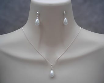 Pearl Drop Necklace and Earrings Jewelry Set, Wedding Necklaces, Bridal Necklace, Wedding Jewelry Sets, Pearl Wedding Jewelry