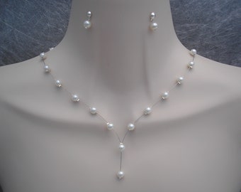 Dainty Pearl Drop Necklace & Earrings Jewellery Set, Handmade to order Pearls on Wire Bridal Necklace for Women Brides Bridesmaids Gift