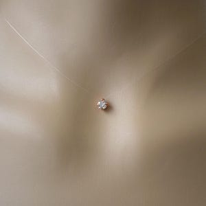 Tiny Floating Diamond Necklace, Simple Floating Illusion Solitaire Crystal Necklace, Very Dainty 3mm CZ Crystal on clear Illusion cord (B3)