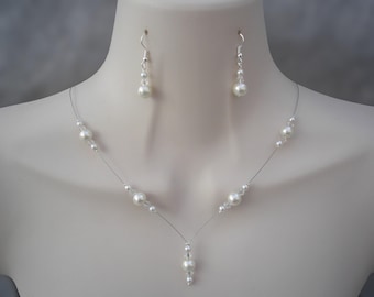 Dainty Pearl Drop Necklace and Earrings Jewellery Set for Brides Ladies Girls Weddings Proms