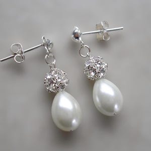 Dainty Teardrop Pearl and Diamante Ball Drop Dangle Earrings for Women & Girls on Hooks Hoops or Studs,  Classic Formal Wedding Earrings
