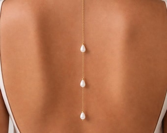 Dainty Pearl Bridal Back drop Necklace, Backdrop Necklace for a Wedding Dress, Teardrop Pearls on Silver Gold or Rose Gold plated Back Chain
