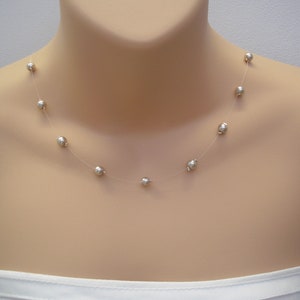 Champagne Pearl Necklace, Simple Floating Illusion Bridal Necklace, Dainty Handmade Bridesmaids Choker, Brides Pearl Necklace for Women