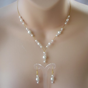 Dainty Pearl and Crystal drop Necklace and Earrings Jewelry Set