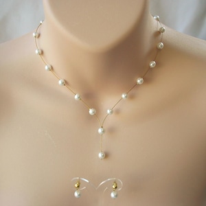 Dainty Pearl Drop Necklace & Earrings Set for Her, Handmade to Order on Silver or Gold Jewelry Wire, Perfect for Brides Bridesmaids Weddings