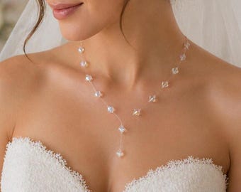 Y Neck Floating Illusion Aurora Borealis Crystal Necklace, Dainty Handmade Crystal Bridal Necklace for Women Brides Bridesmaid Gift Prom